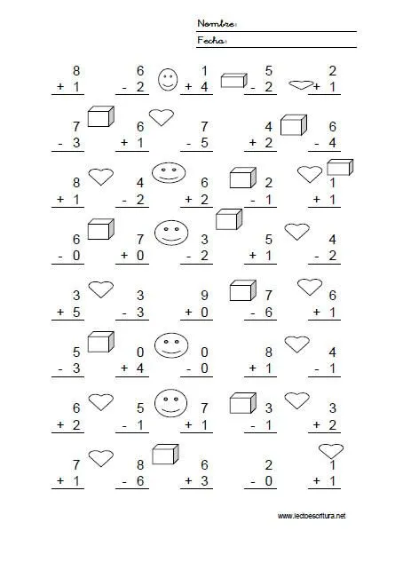 Matemáticas. Ficha de Matemáticas. Sumas sencillas de una cifra ...