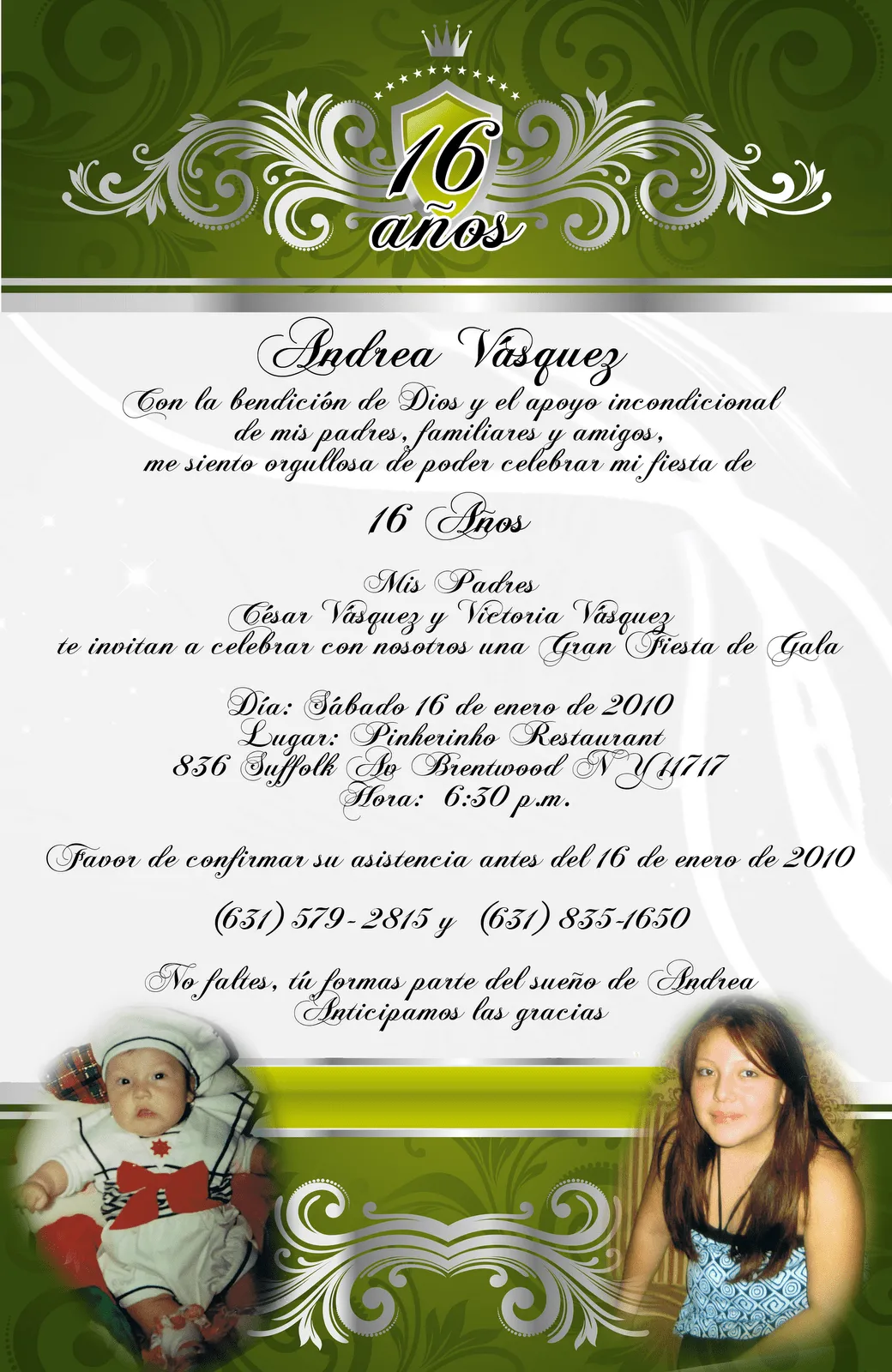 Invitación 15 y 16 Años color Verde y Plateado - Cader Design