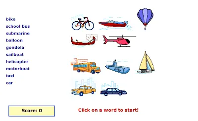 Medios de transporte. Juego.-Inglés fácil para primaria