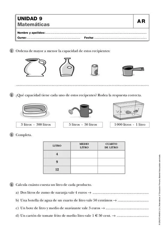 Las mejores 7 ideas de Litro | unidades de medida, fichas de matematicas,  primaria matematicas