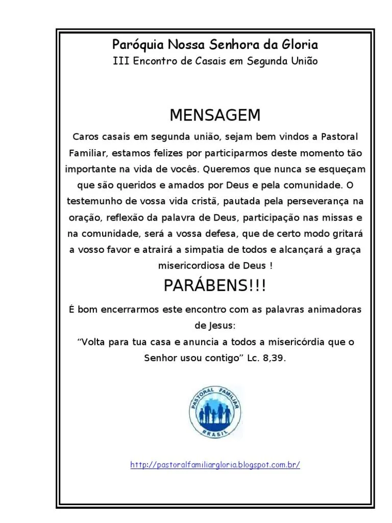 MENSAGEM de PARABÉNS AOS CASAIS EM SEGUNDA UNIÃO - 2012 | PDF