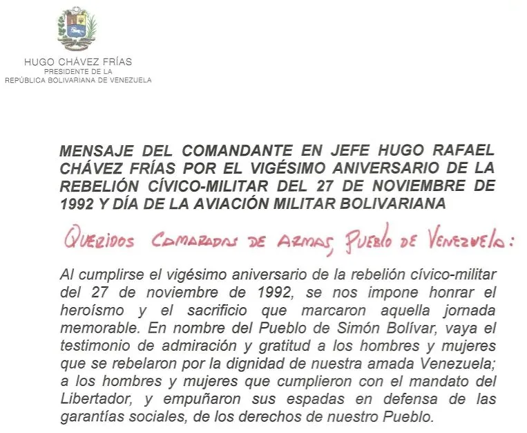 Mensaje del Comandante en Jefe Hugo Chávez por el Vigésimo ...