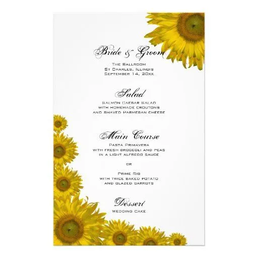 Menú del boda del borde del girasol papeleria de Zazzle.