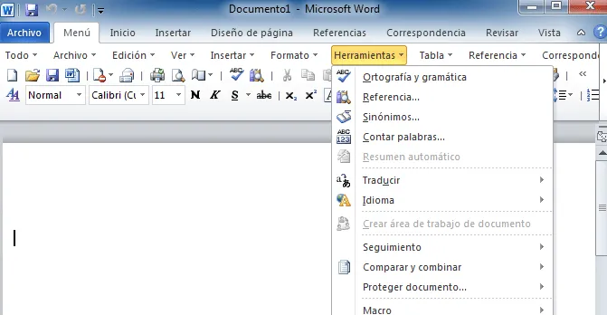 Donde está el menú de Herramientas en Word 2007, 2010 y 2013