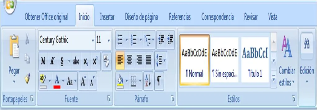 Menú Inicio de Word 2007