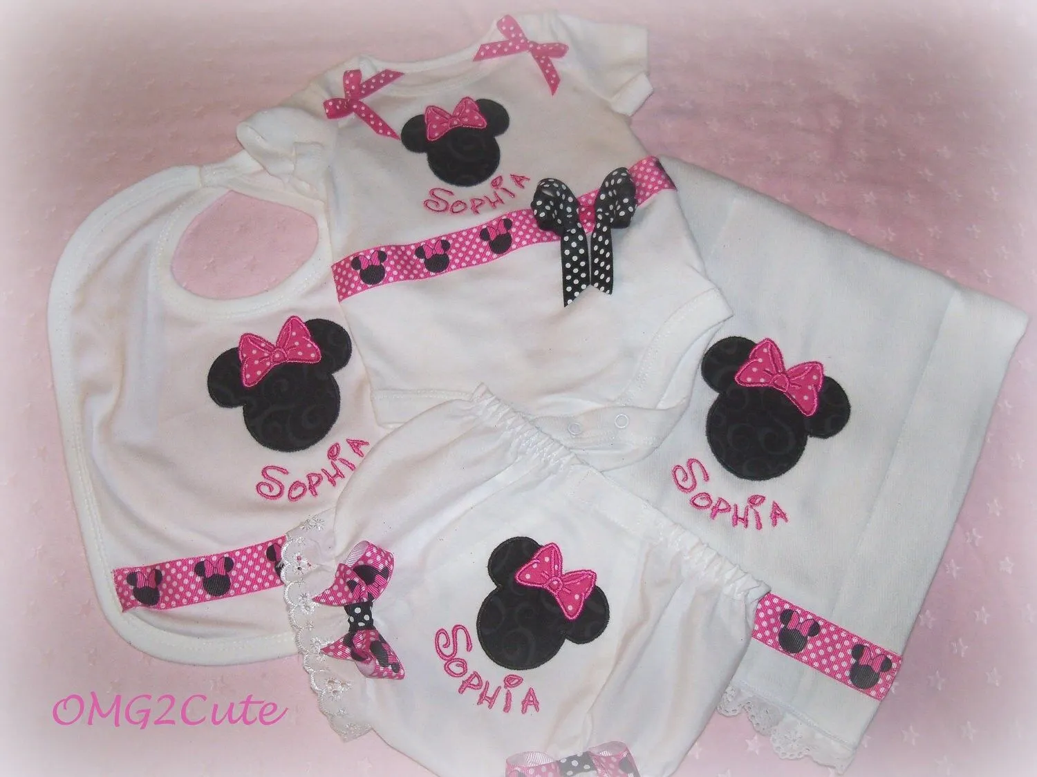 Minnie Mouse Baby Layette 4pc set-Onesie, Diaper Cover, Bib & Burp Pad