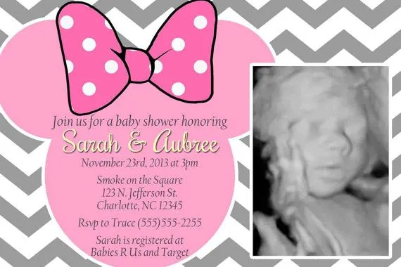 Minnie Mouse Baby Shower or Birthday Invitation - Pink and Gray Chevr…