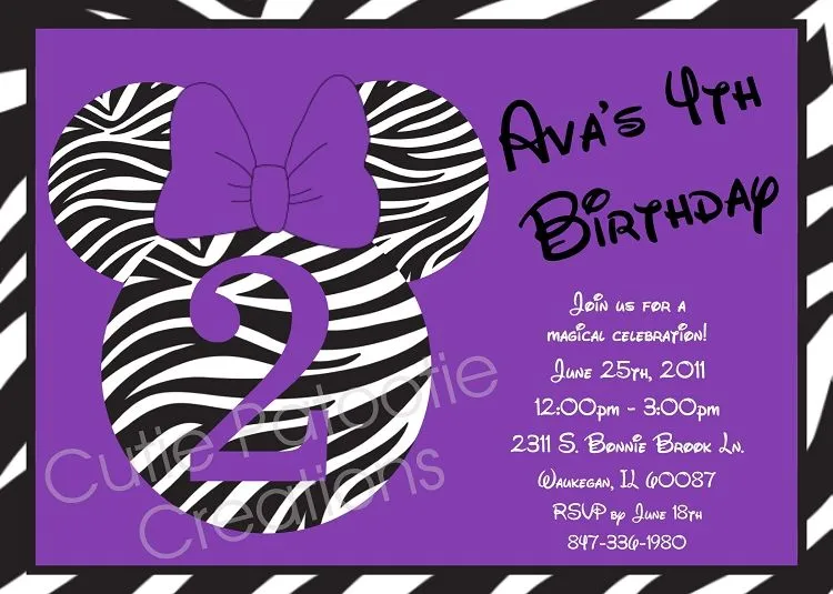  ... minnie mouse ears birthday party invitation purple zebra animal print