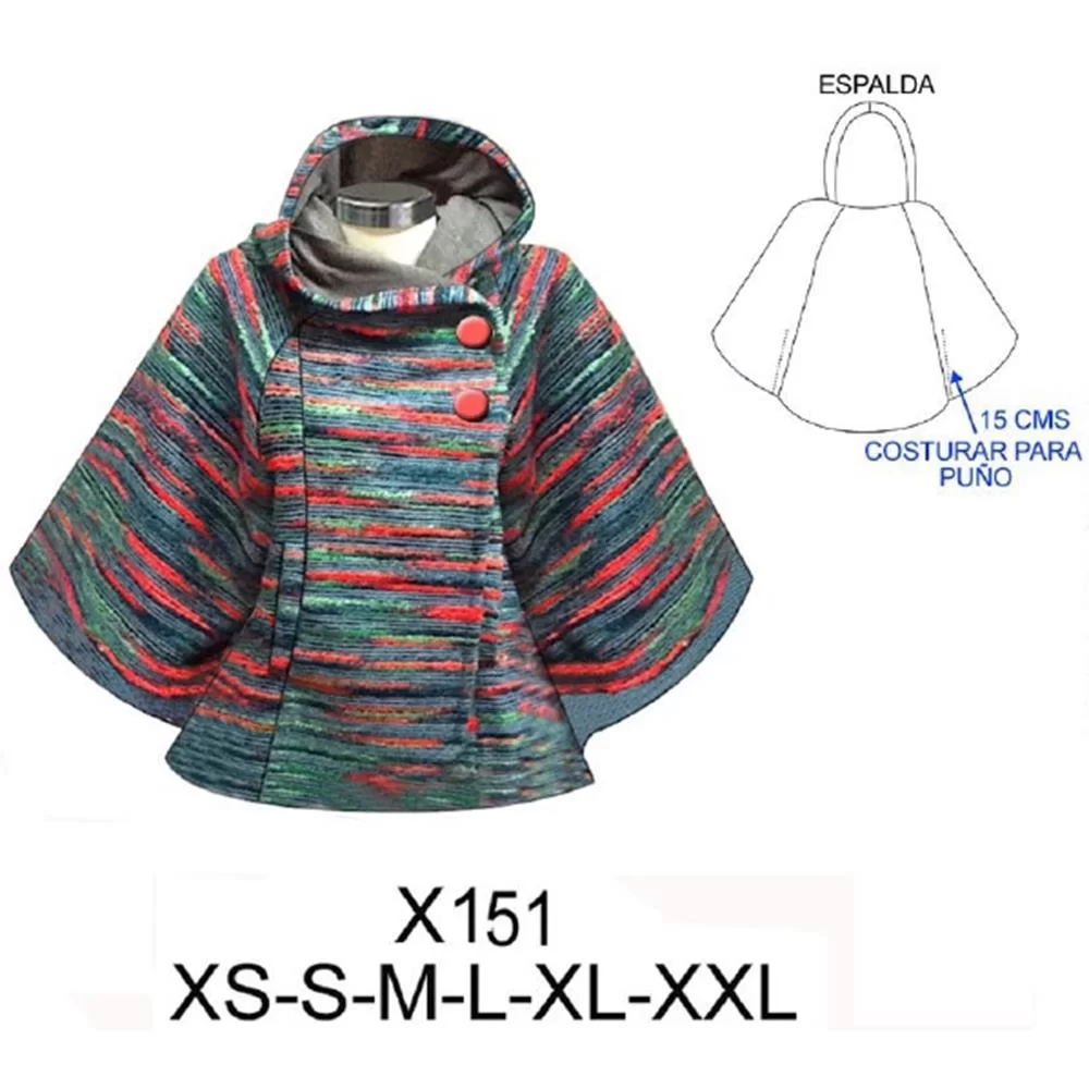 Molde X151 - Poncho cruzado con gorro, largo 63 cms