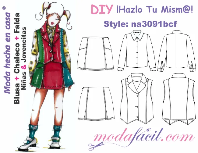 Moldes de blusa, chaleco y falda para niñas y jovencitas