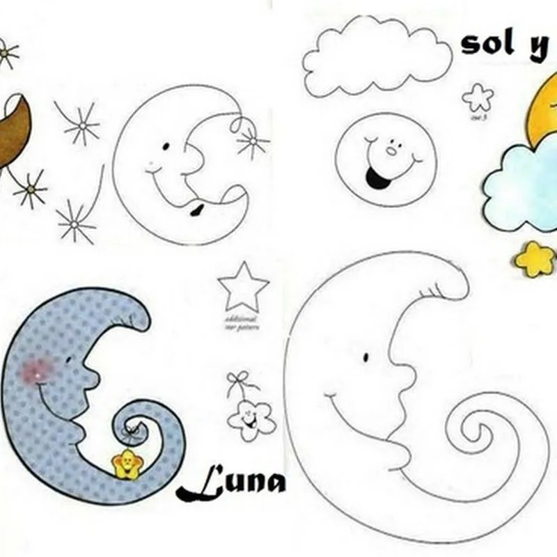 moldes luna, sol y nubes - Colorear dibujos infantiles