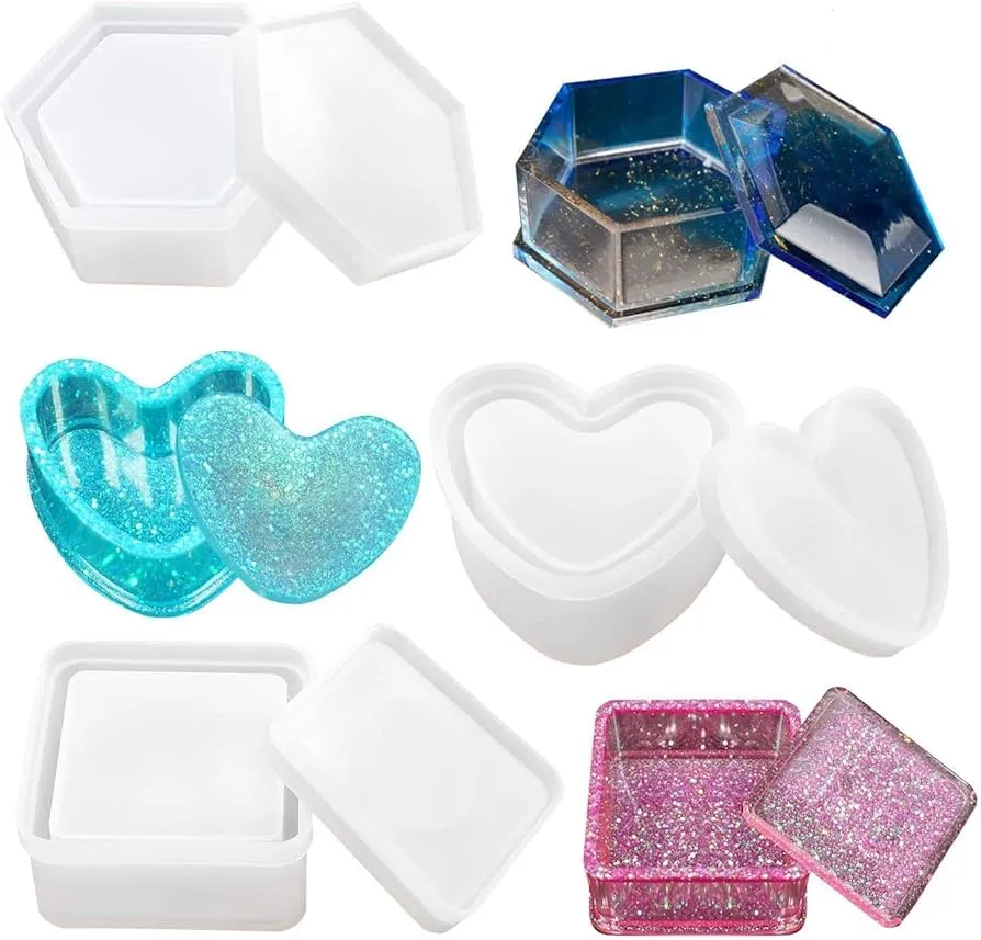 Moldes de resina para caja de joyería, moldes con forma de corazón, molde  de resina de silicona, caja de almacenamiento hexagonal y moldes de epoxi  cuadrados para hacer moldes de resina :