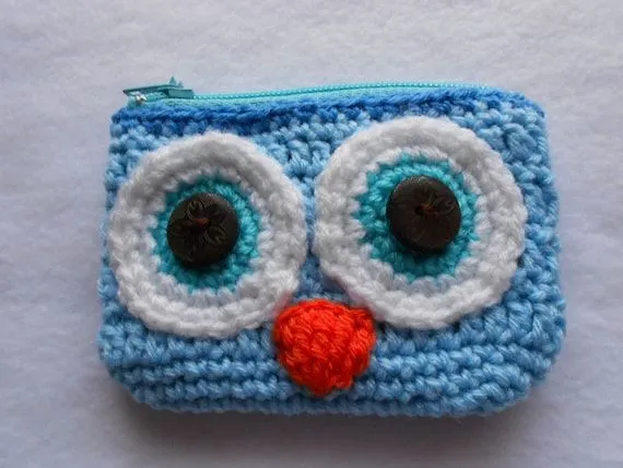 Monedero cartera búho celeste tejido ganchillo crochet por Lacebox