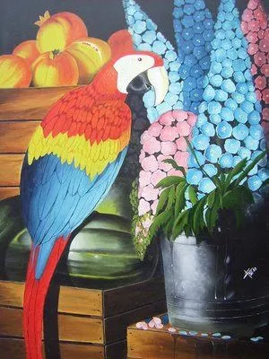 moneroraul: Bodegón con guacamaya. (cuando pintaba óleos por encargo)