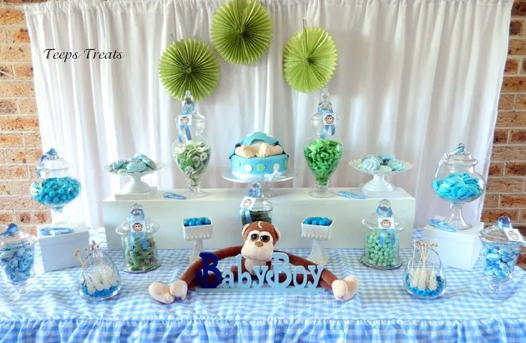 monkey baby shower blue and green candy buffet | Candy buffets by ...