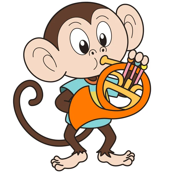 mono de dibujos animados jugando un corno francés — Vector stock ...