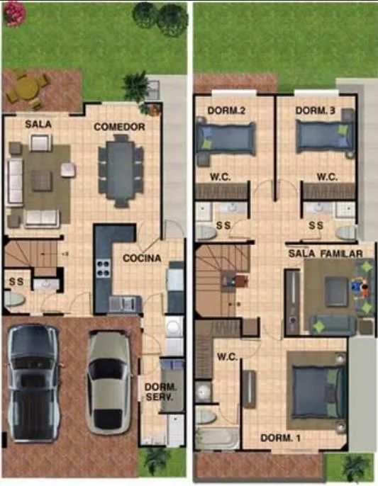 Plano de vivienda de 2 plantas con jardín trasero | Planos de Casas