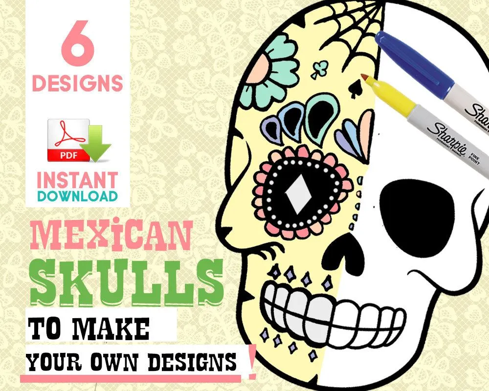 Dia de los Muertos: Plantilla de Calavera en Blanco y Negro para Crear  Diseños y Colorear Calavera Mexicana - Etsy México