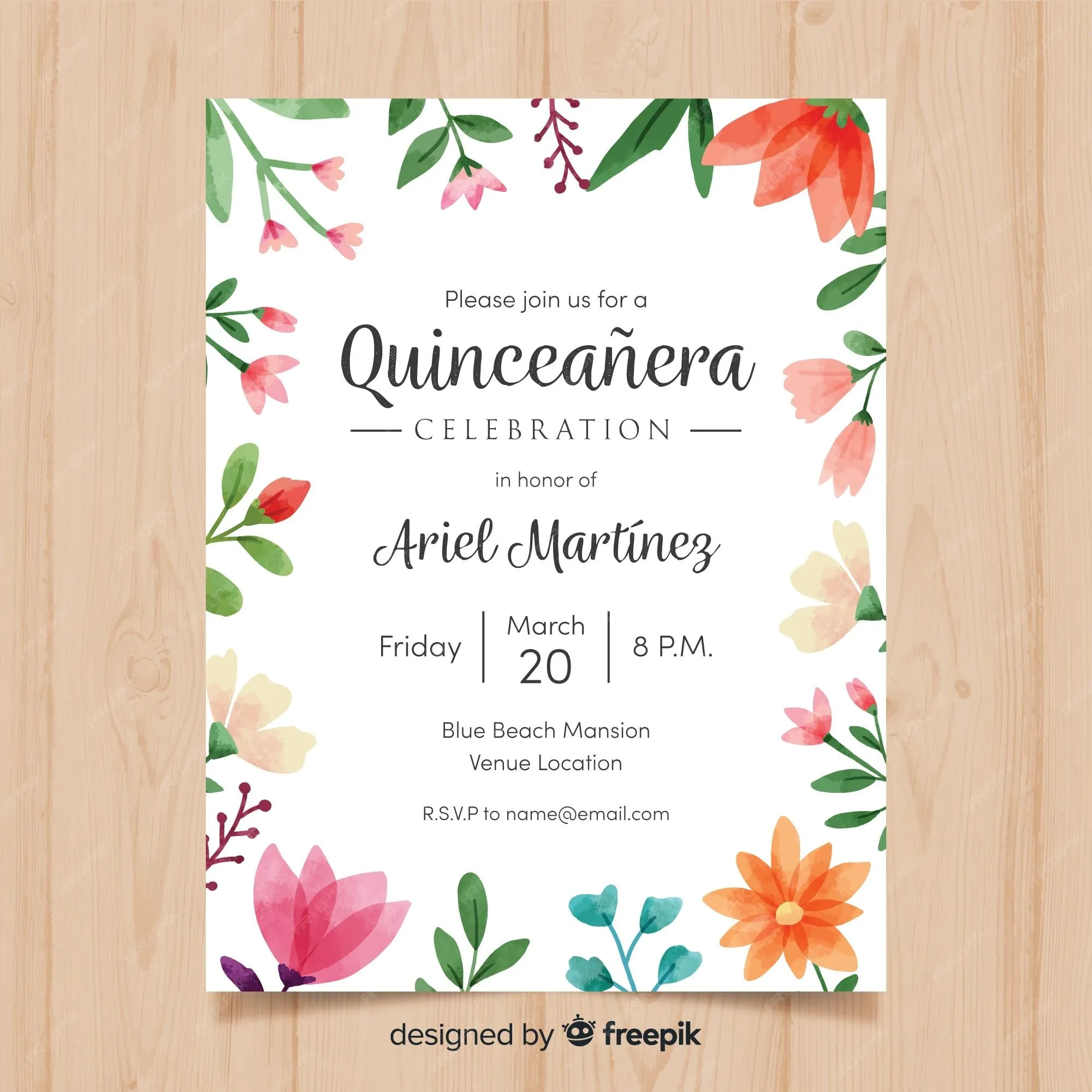 Muestra tarjeta quinceañera marco floral acuarela | Vector Gratis