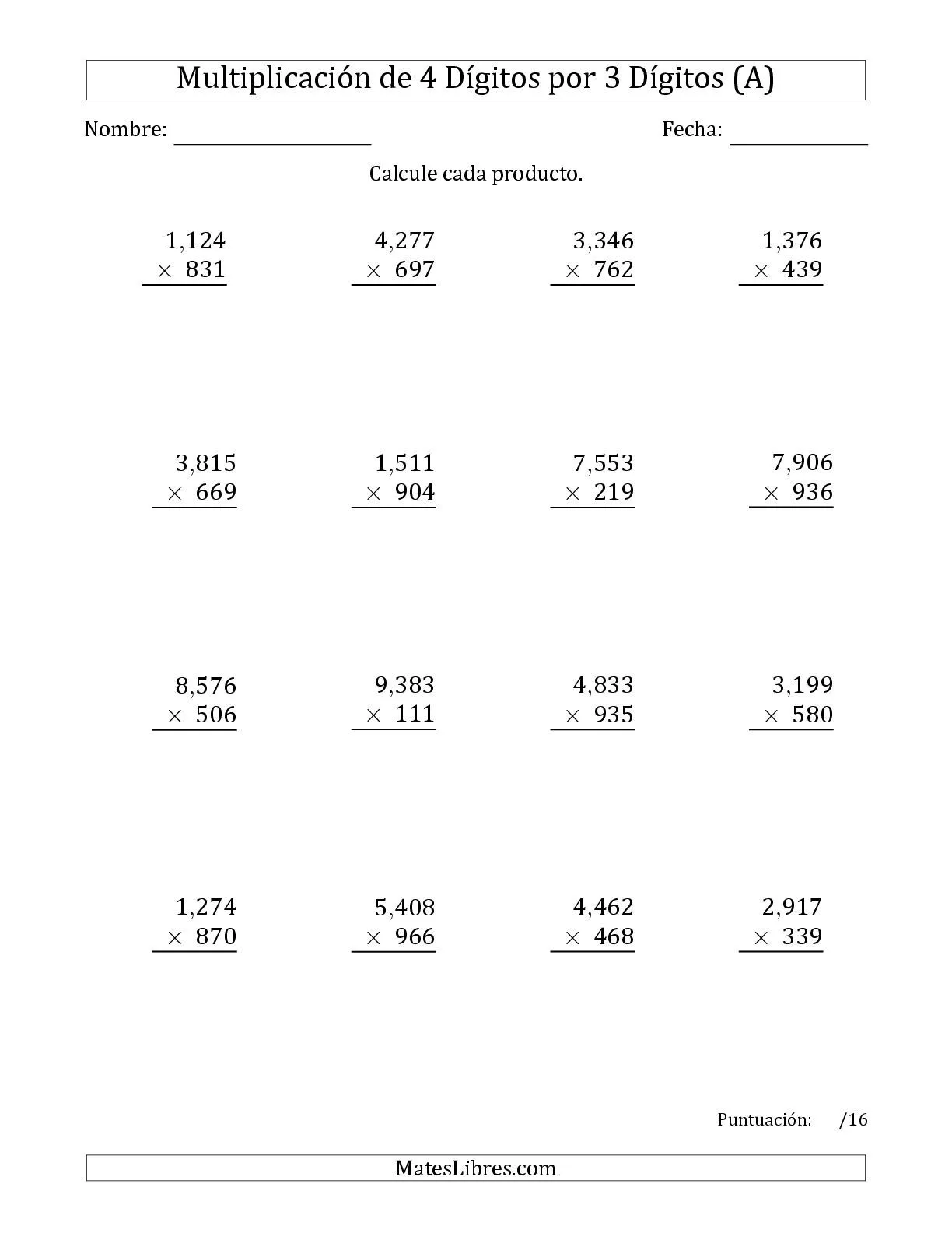 Multiplicación Larga, Producto de Cuatro Dígitos por Tres Dígitos ...