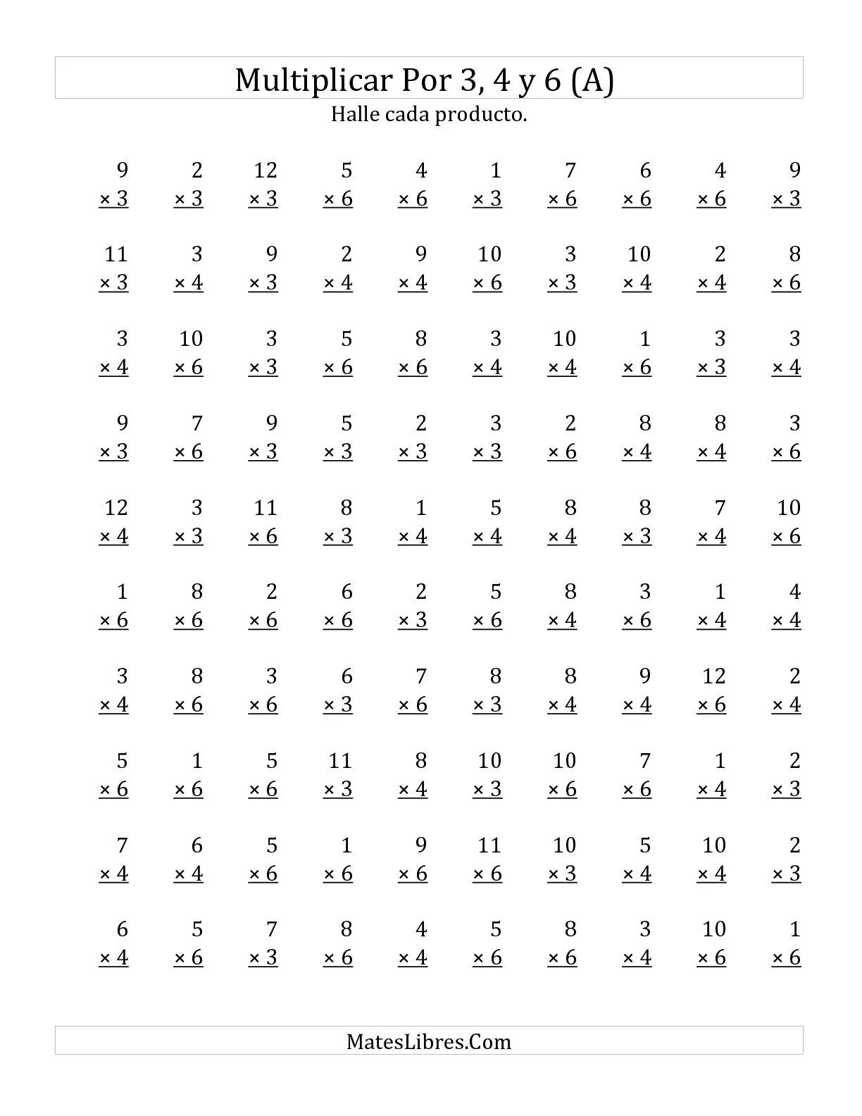 Multiplicar de 1 a 12 por 3, 4 y 6 (A) Hojas de Ejercicios de ...