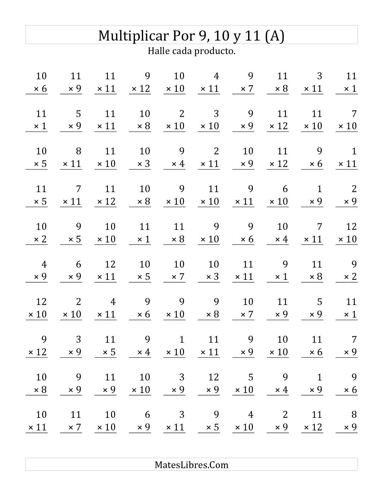 Multiplicar de 1 a 12 por 9, 10 y 11 (A) Hojas de Ejercicios de ...