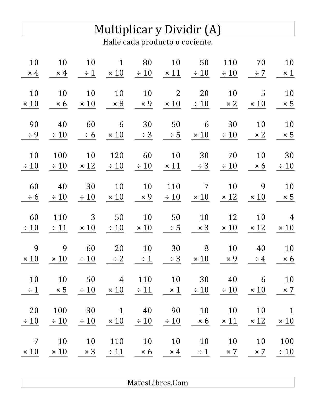 Multiplicar y Dividir por 10 (A) Hojas de Ejercicios de ...