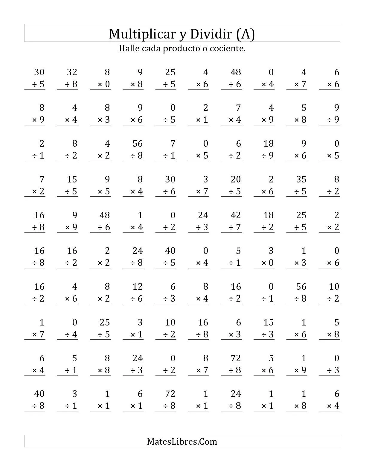 Multiplicar y Dividir, Rango de 0 a 9 (A) Hojas de Ejercicios de ...