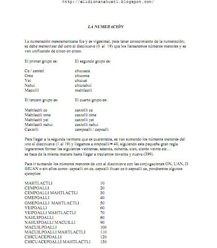 NAHUATLAHTOLLI - EL IDIOMA NAHUATL : La numeración Nahuatl