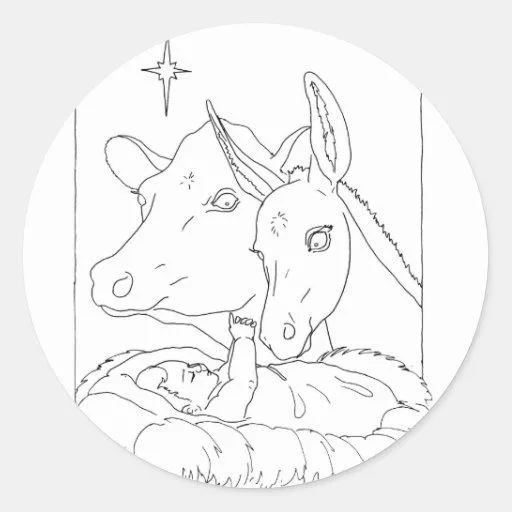 Natividad con el buey y el burro etiqueta redonda | Zazzle