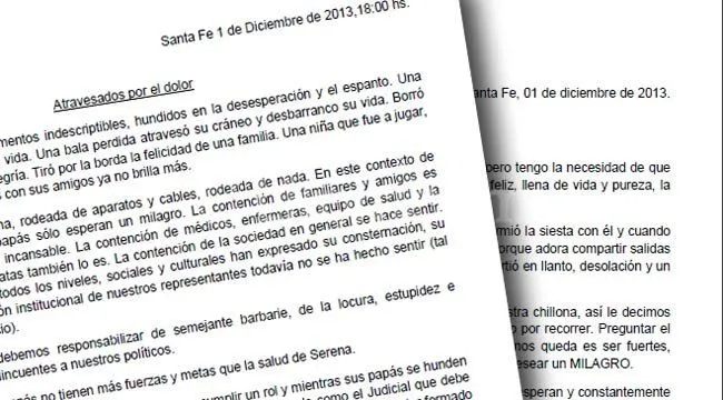 Niña baleada en Regatas: las cartas de sus tíos : : Diario El ...