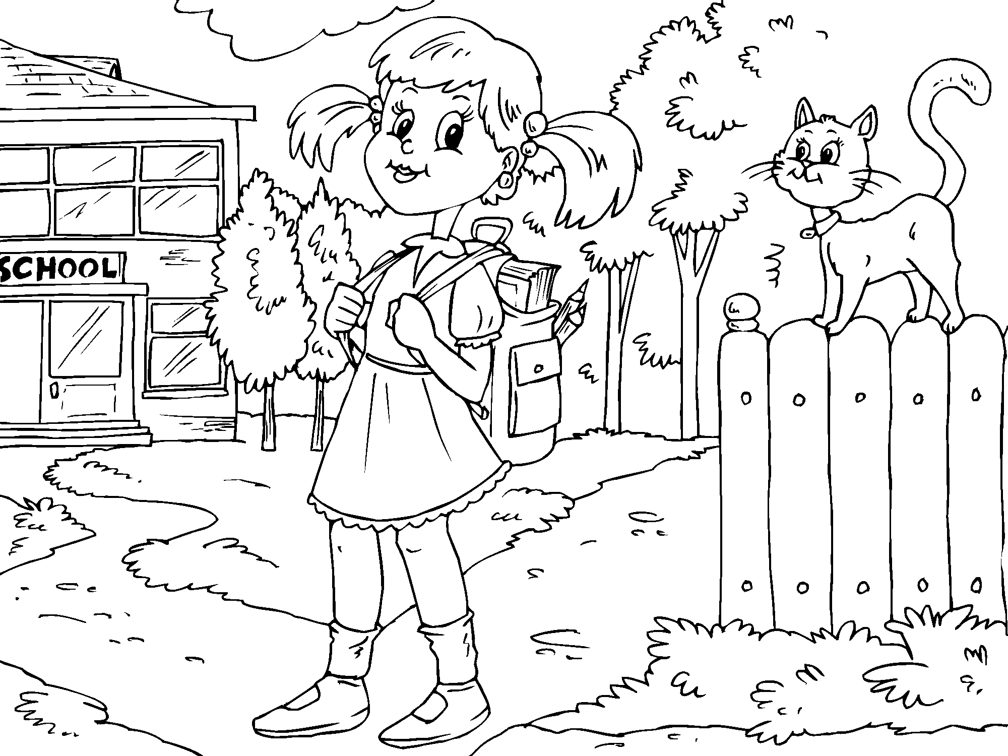 Nina camino de la escuela para imprimir | ParaCOLOREAR.