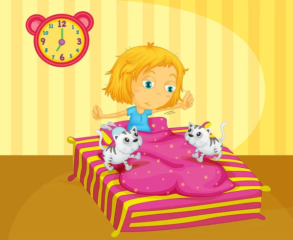 una niña despierta en la cama con dos gatitos — Vector stock ...