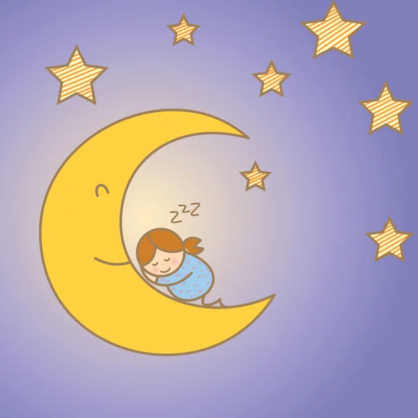 niña durmiendo en la luna entre la estrella — Vector stock ...