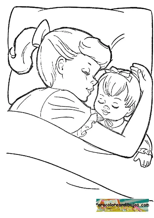 niña durmiendo con muneca para colorear | Colorear dibujos