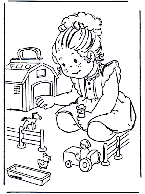 Niña jugando con casa de muñecas para colorear y pintar ~ 4 Dibujo