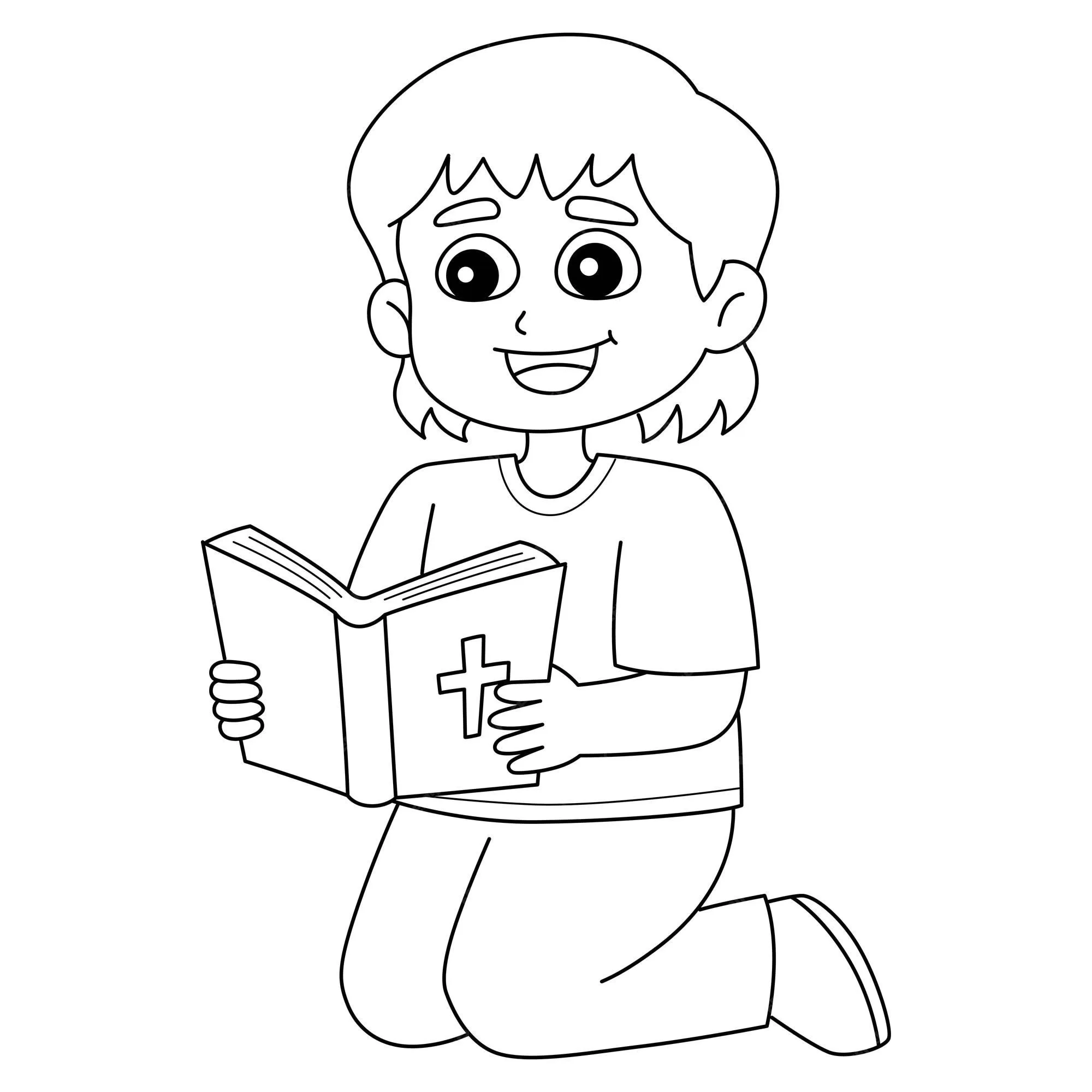 Niña leyendo una biblia aislada página para colorear | Vector Premium