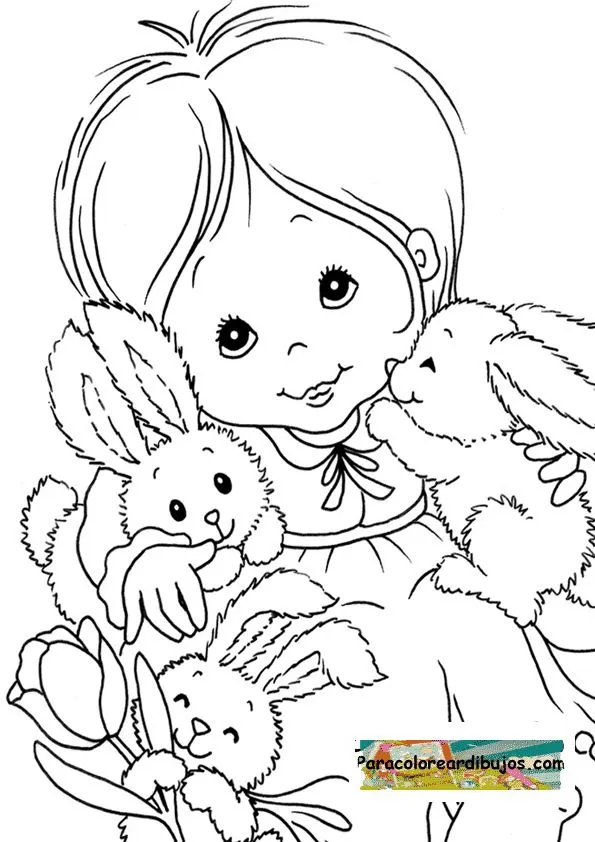 Niña con mascotas para colorear | Colorear dibujos