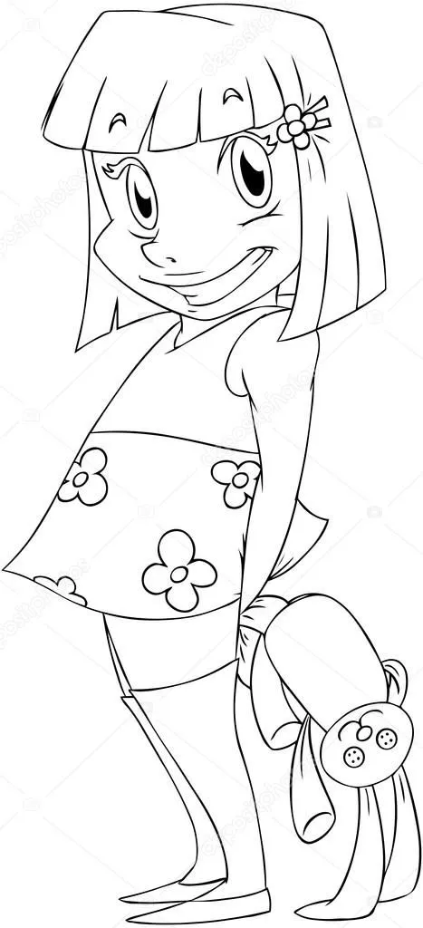 niña con muñeca de conejo para colorear página — Vector stock ...