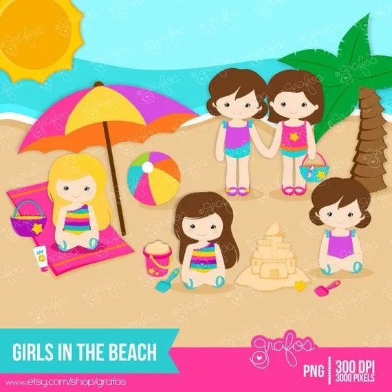 NIÑAS en la PLAYA Digital Clipart Clipart Playa / por grafos