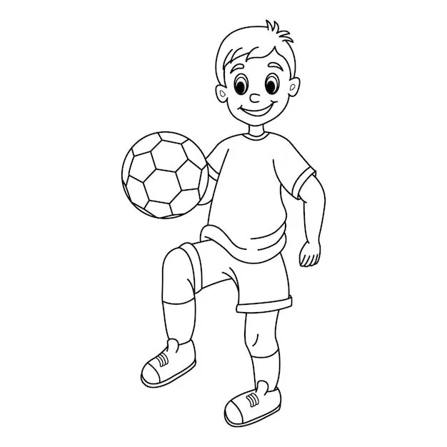 Niño de dibujos animados con balón de fútbol para colorear página | Vector  Premium