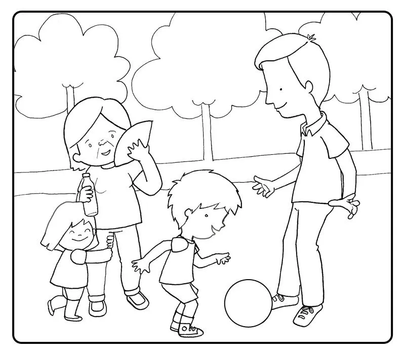 Dibujos con niños: Colorear abuelos jugando al futbol con sus nietos