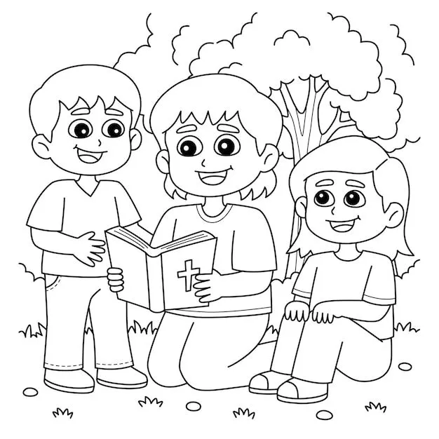 Niños cristianos leyendo una biblia para colorear | Vector Premium