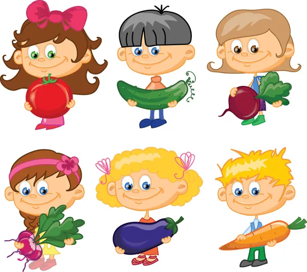 niños de dibujos animados con verduras — Vector stock ...