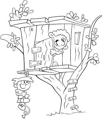 Niños jugando en casa del Árbol para colorear ~ 4 Dibujo