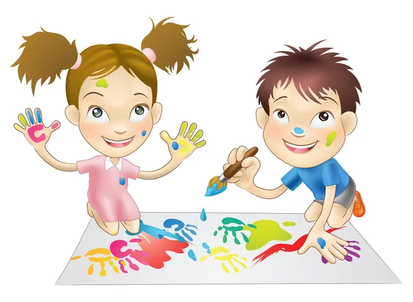 dos niños jugando con pinturas — Vector stock © Krisdog #6578283