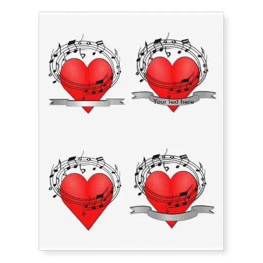 Notas musicales y diseño rojo del corazón tatuajes temporales | Zazzle