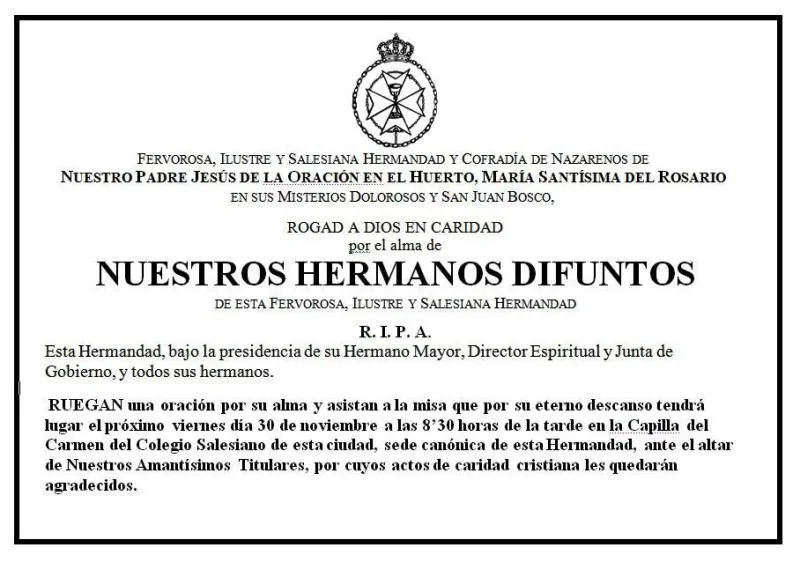 Noticias de la Hermandad del Rosario: MISA DE DIFUNTOS DE LA HERMANDAD