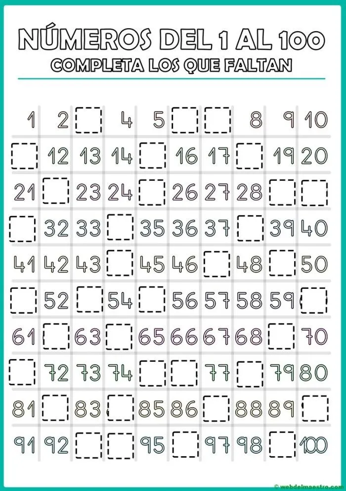 Números del 1 al 100 para imprimir en PDF | Fichas - Web del maestro