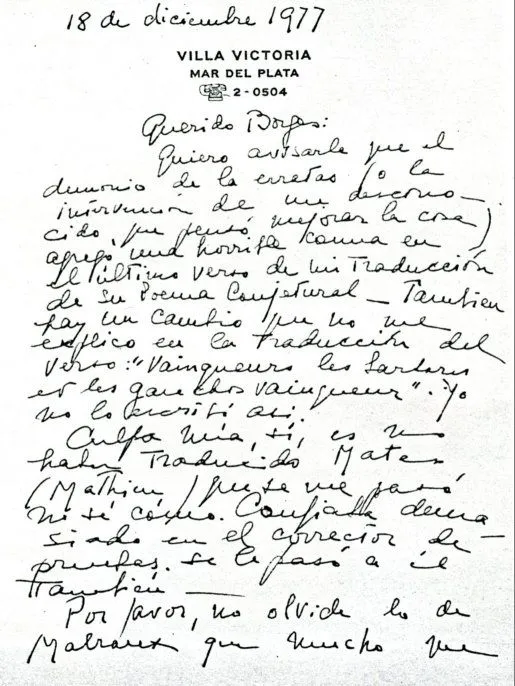 Oye Borges: Carta de Victoria Ocampo a Jorge Luis Borges, 18/